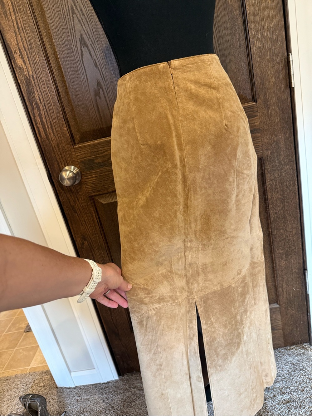 Vintage 90s 100% Genuine Suede Leather Maxi Skirt Camel Tan Long Column Size 4 - Picture 9 of 14